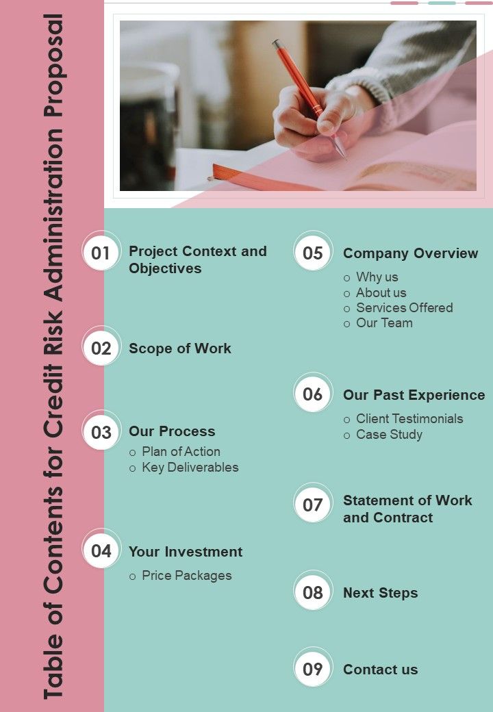 Table Of Contents For Credit Risk Administration Proposal One Pager Sample Example Document Slide01