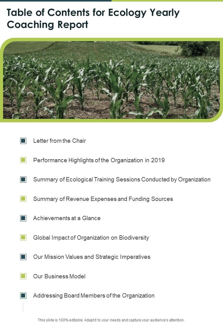 Table Of Contents For Ecology Yearly Coaching Report One Pager Documents