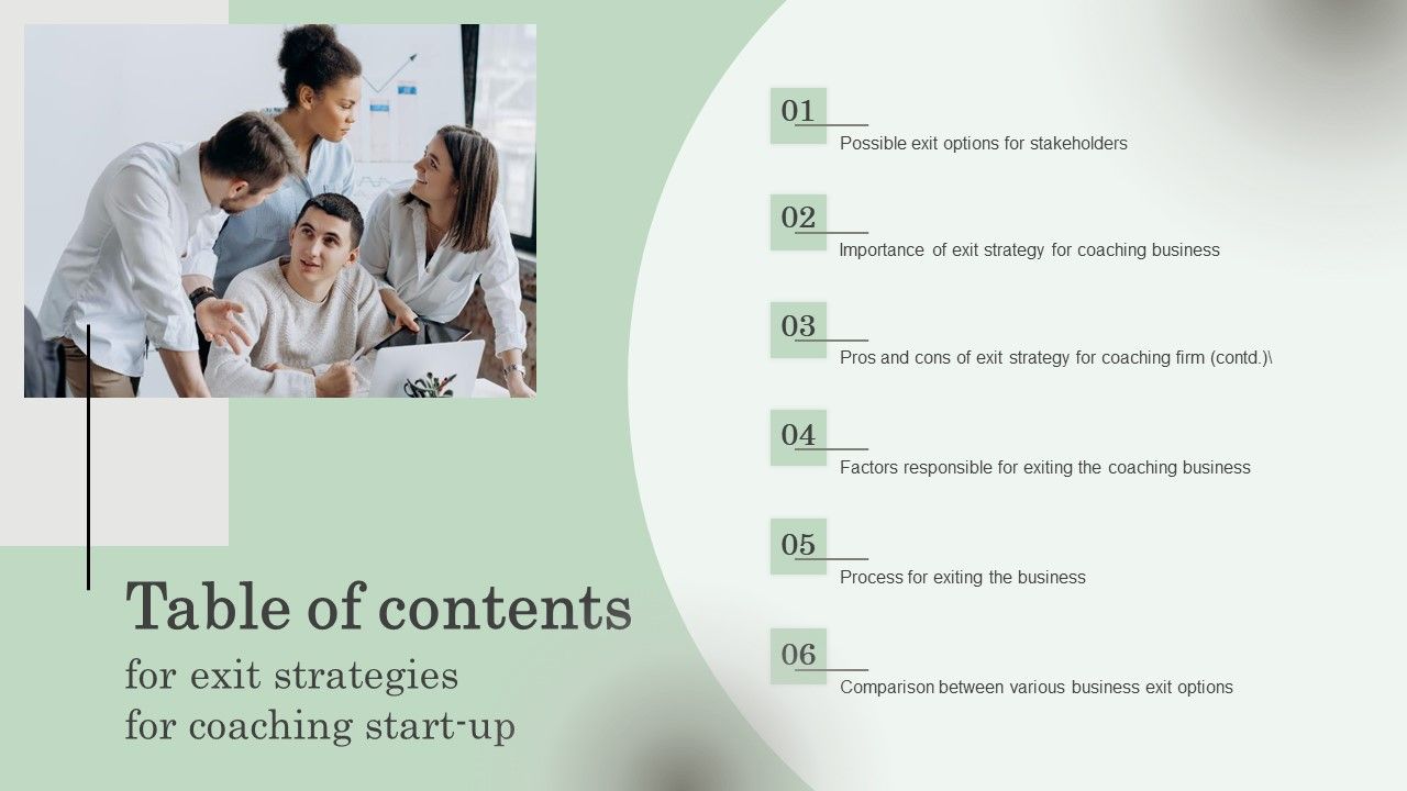 Table_Of_Contents_For_Exit_Strategies_For_Coaching_Start_Up_Professional_PDF_Slide_1.jpg