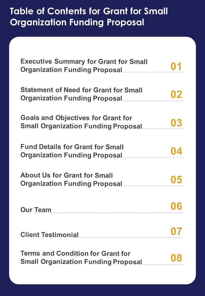 Table Of Contents For Grant For Small Organization Funding Proposal One Pager Sample Example Document Slide01