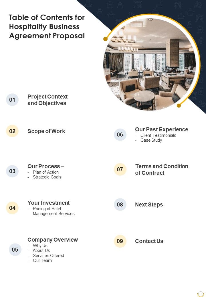 Table Of Contents For Hospitality Business Agreement Proposal One Pager Sample Example Document Slide01