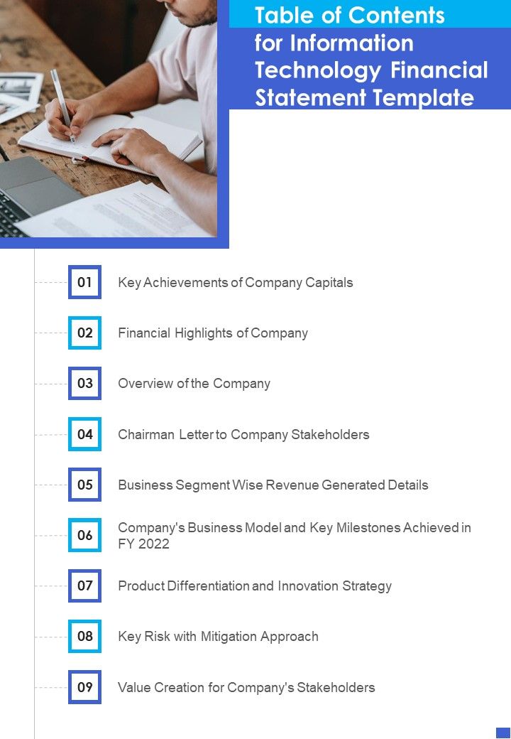 Table Of Contents For Information Technology Financial Statement Template One Pager Documents Slide01