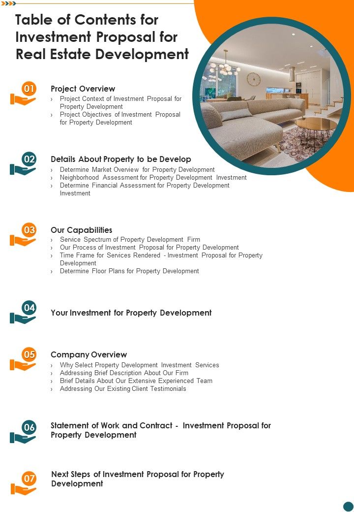 Table Of Contents For Investment Proposal For Real Estate Development One Pager Sample Example Document Slide01