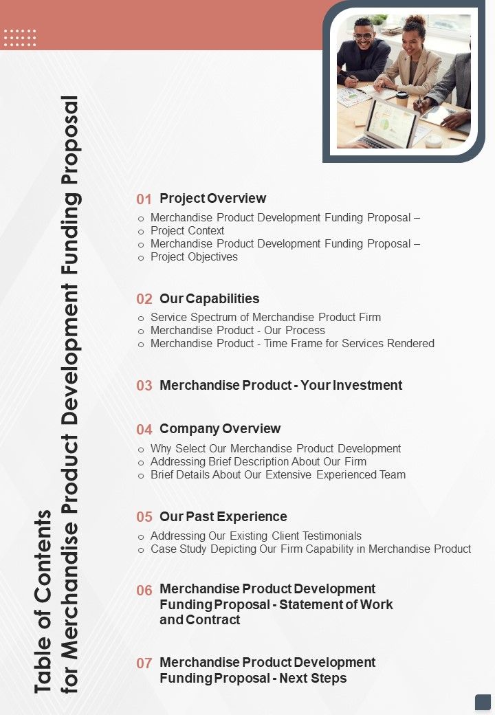 Table Of Contents For Merchandise Product Development Funding Proposal One Pager Sample Example Document Slide01