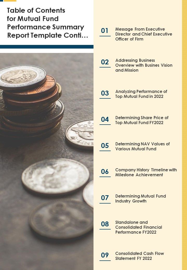 Table Of Contents For Mutual Fund Performance Summary Report Template Conti One Pager Documents Slide01