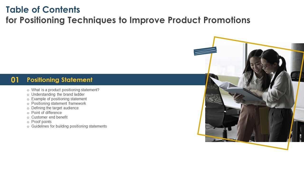 Table_Of_Contents_For_Positioning_Techniques_To_Improve_Product_Promotions_Slide_Elements_PDF_Slide_1.jpg