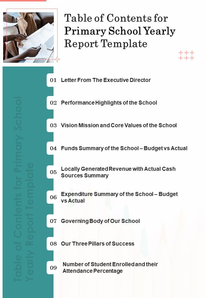 Table Of Contents For Primary School Yearly Report Template One Pager Documents Slide01