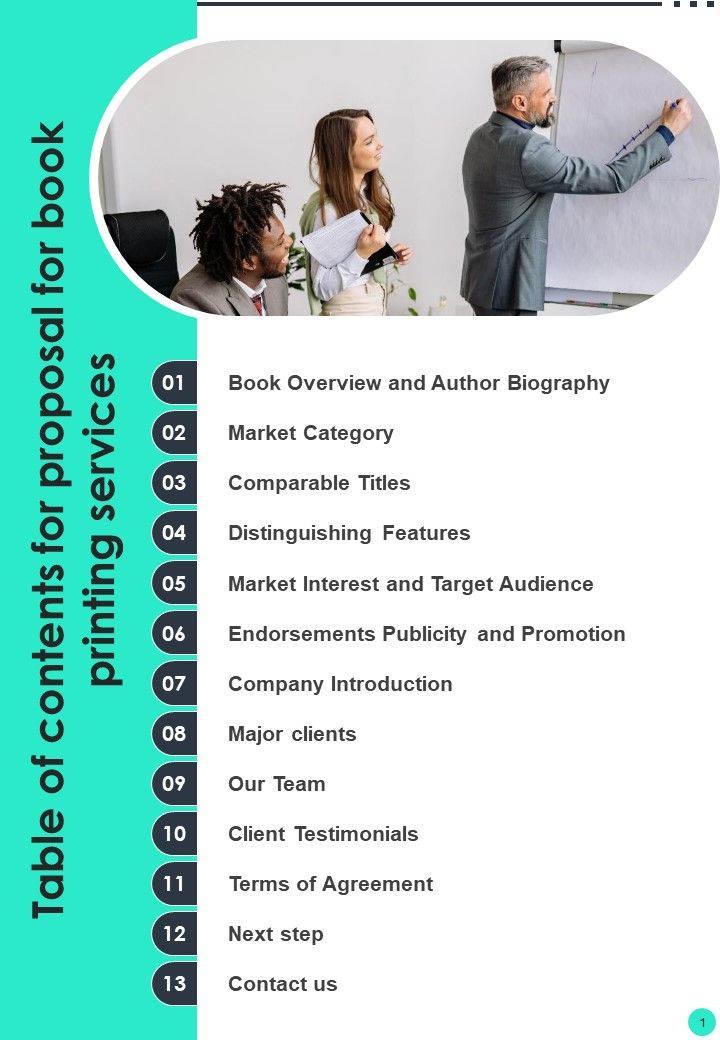 Table Of Contents For Proposal For Book Printing Services One Pager Sample Example Document Slide01