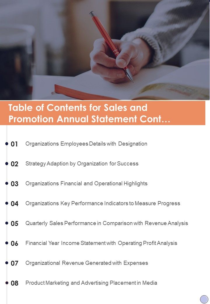Table Of Contents For Sales And Promotion Annual Statement Cont One Pager Documents Slide01