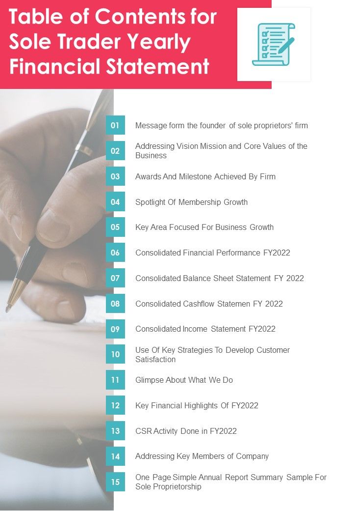 Table Of Contents For Sole Trader Yearly Financial Statement One Pager Documents Slide01