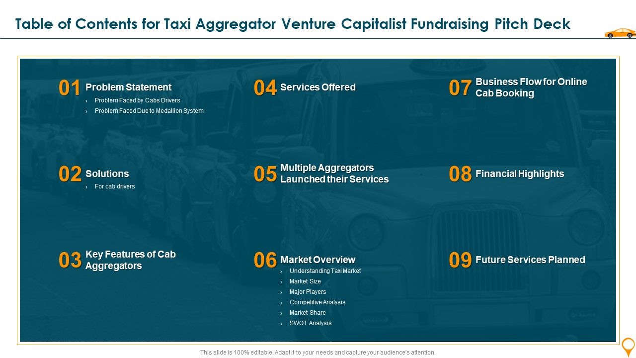 Table_Of_Contents_For_Taxi_Aggregator_Venture_Capitalist_Fundraising_Pitch_Deck_Slides_PDF_Slide_1.jpg