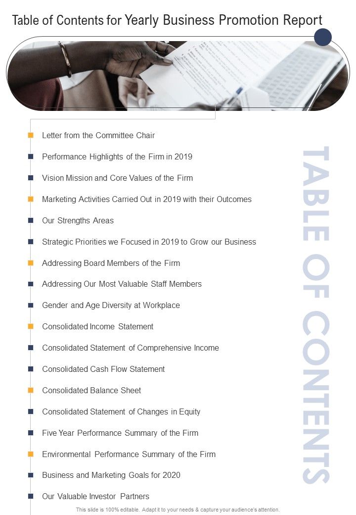 Table Of Contents For Yearly Business Promotion Report One Pager Documents Slide01