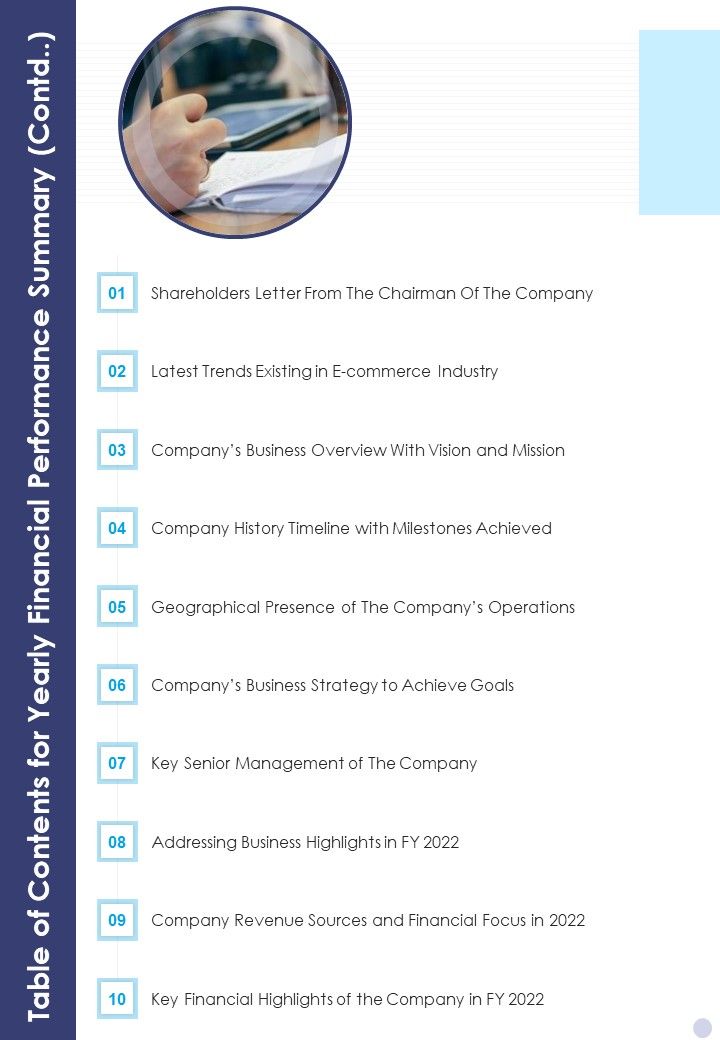 Table Of Contents For Yearly Financial Performance Summary Contd One Pager Documents Slide01