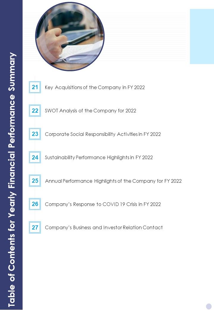 Table Of Contents For Yearly Financial Performance Summary Contd One Pager Documents