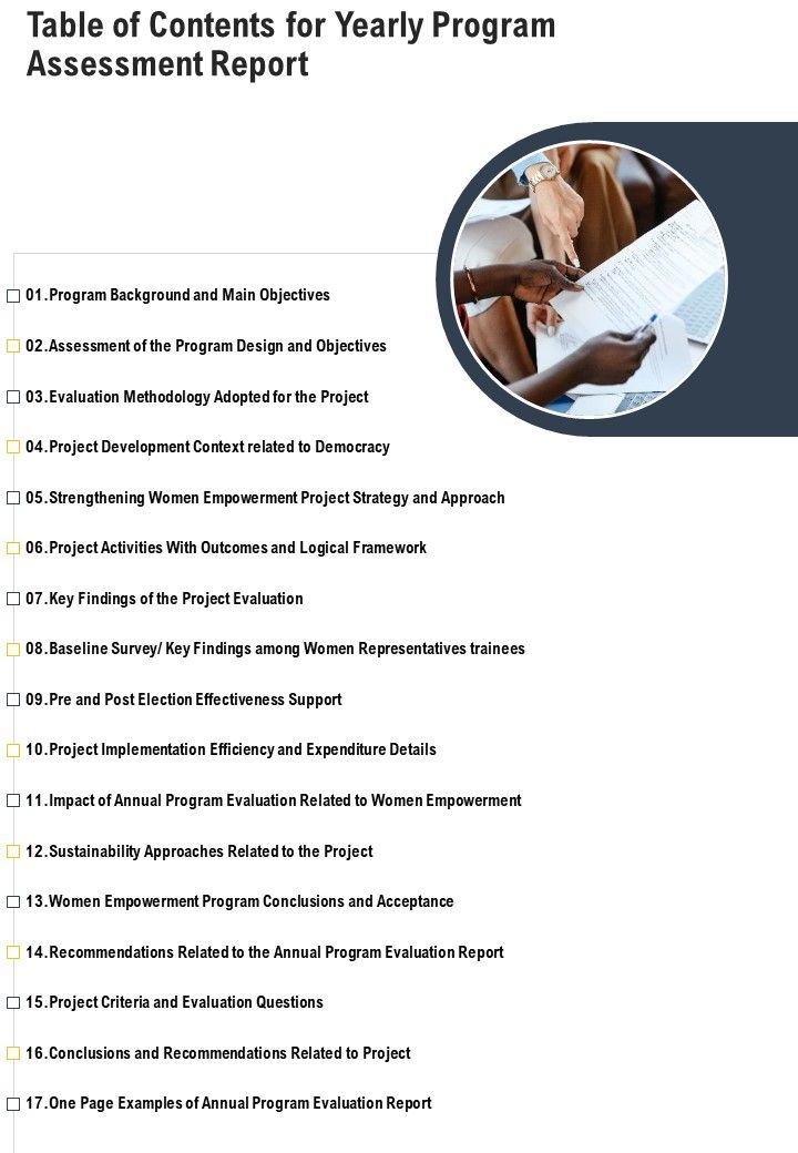 Table Of Contents For Yearly Program Assessment Report One Pager Documents Slide01