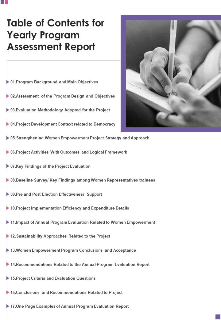 Table Of Contents For Yearly Program Assessment Report Template 123 One Pager Documents Slide01