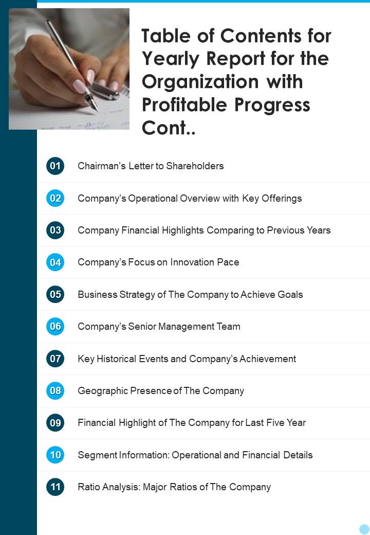 Table Of Contents For Yearly Report For The Organization With Profitable Progress Cont One Pager Documents Slide01