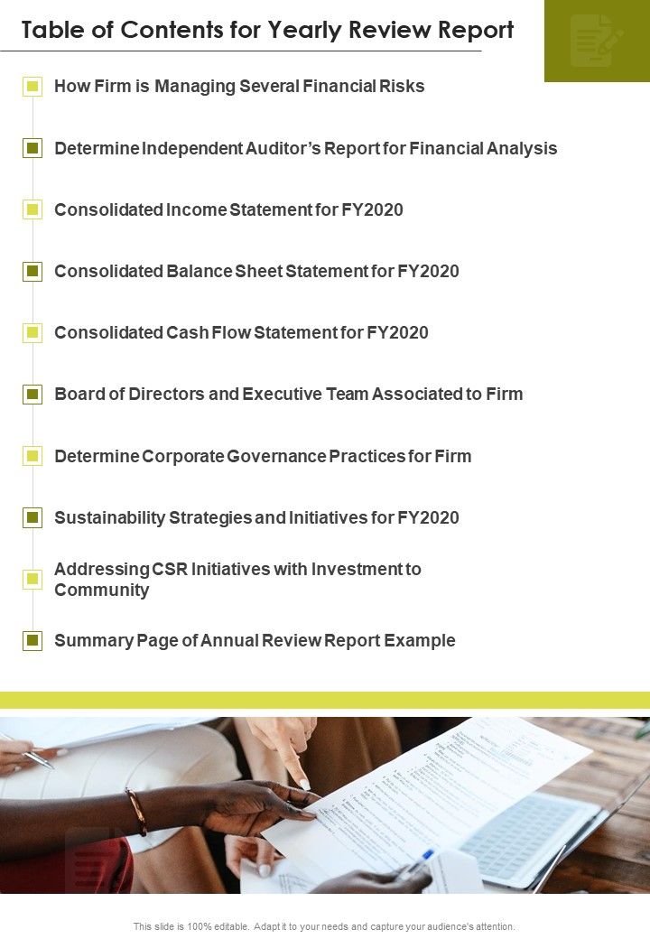 Table Of Contents For Yearly Review Report One Pager Documents