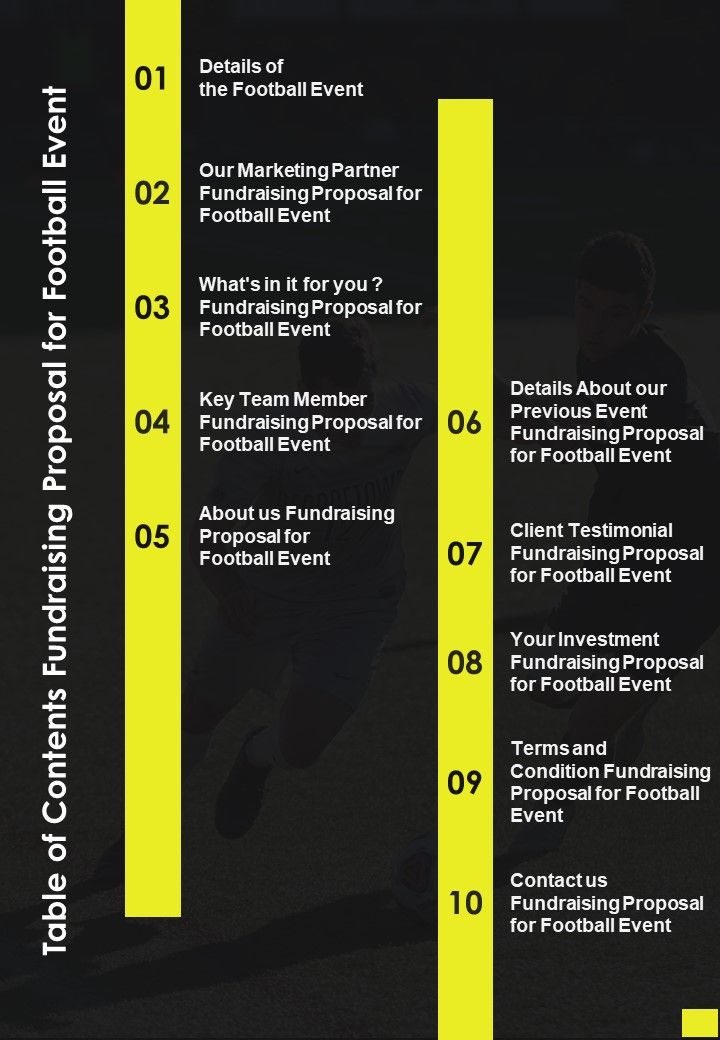 Table Of Contents Fundraising Proposal For Football Event One Pager Sample Example Document Slide01