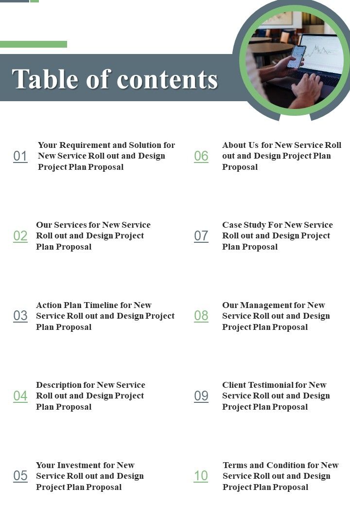 Table Of Contents New Service Roll Out And Design Project Plan Proposal One Pager Sample Example Document Slide01