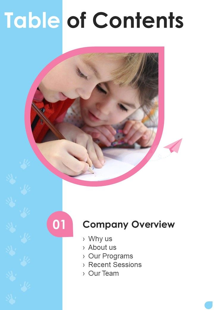 Table Of Contents Proposal For Child Care One Pager Sample Example Document Slide01