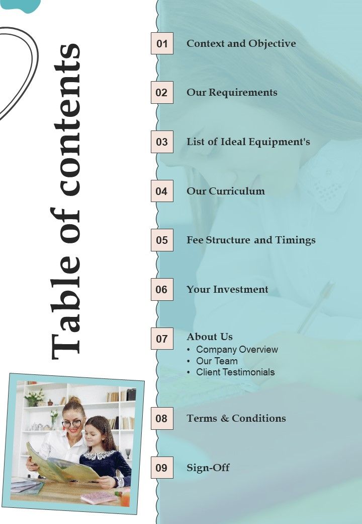Table_Of_Contents_Proposal_For_Child_Daycare_Center_One_Pager_Sample_Example_Document_Slide_1.jpg