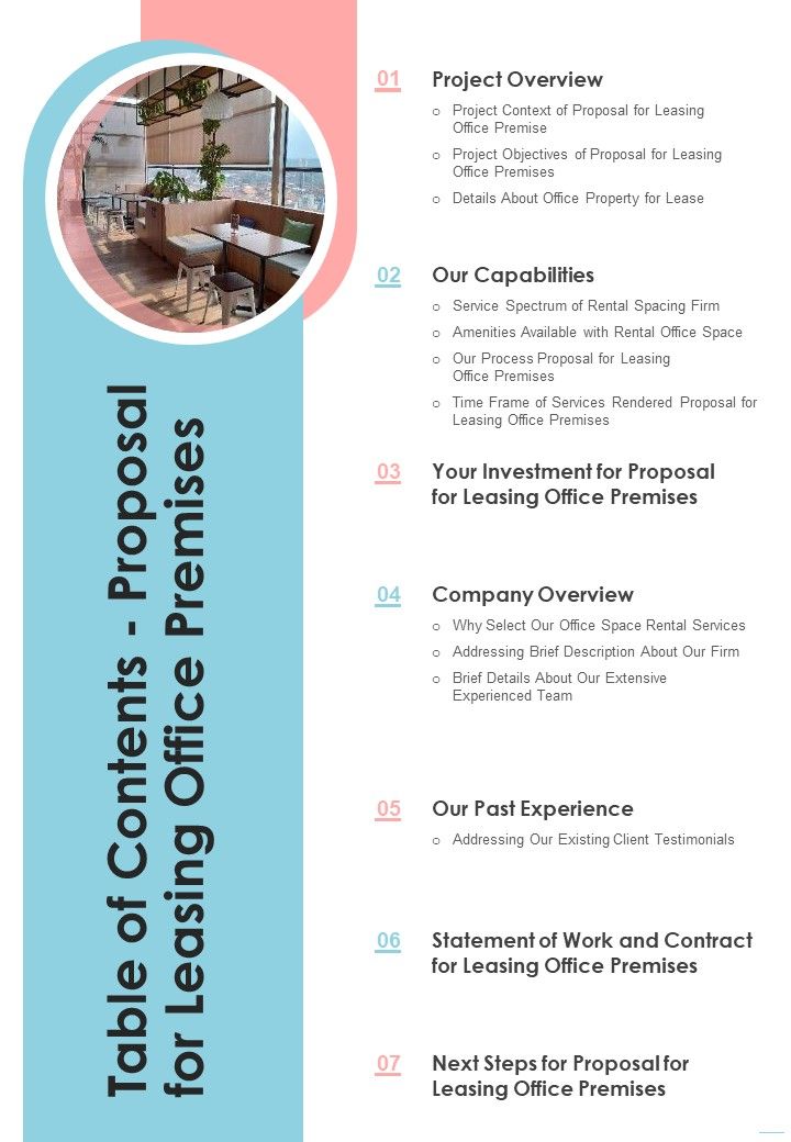 Table Of Contents Proposal For Leasing Office Premises One Pager Sample Example Document Slide01