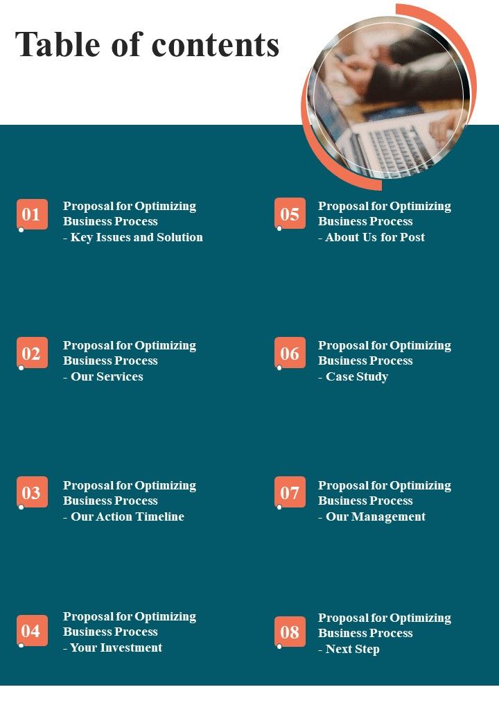 Table Of Contents Proposal For Optimizing Business Process One Pager Sample Example Document Slide01