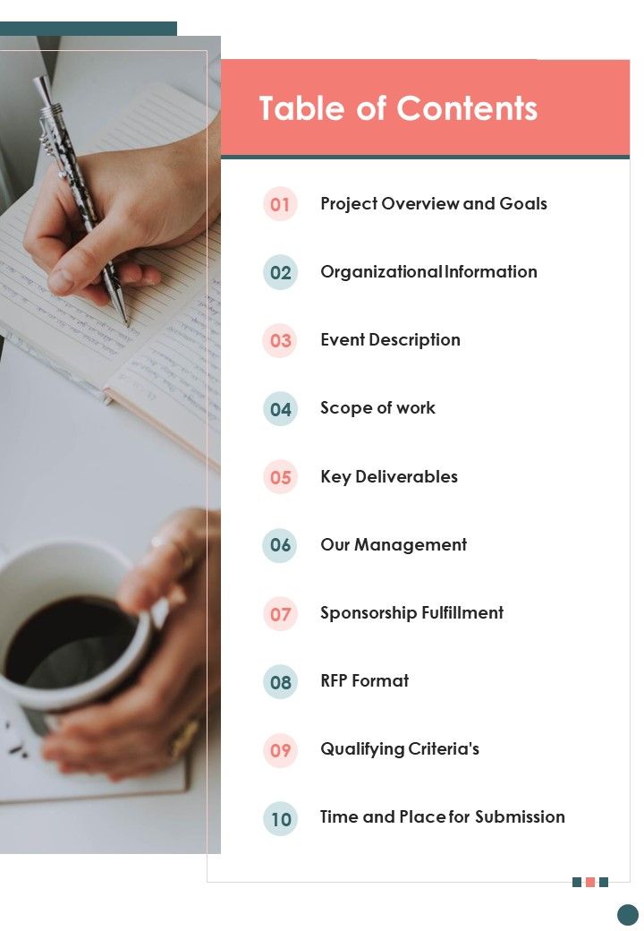 Table Of Contents Request For Proposal Event Planning And Organizing One Pager Sample Example Document Slide01