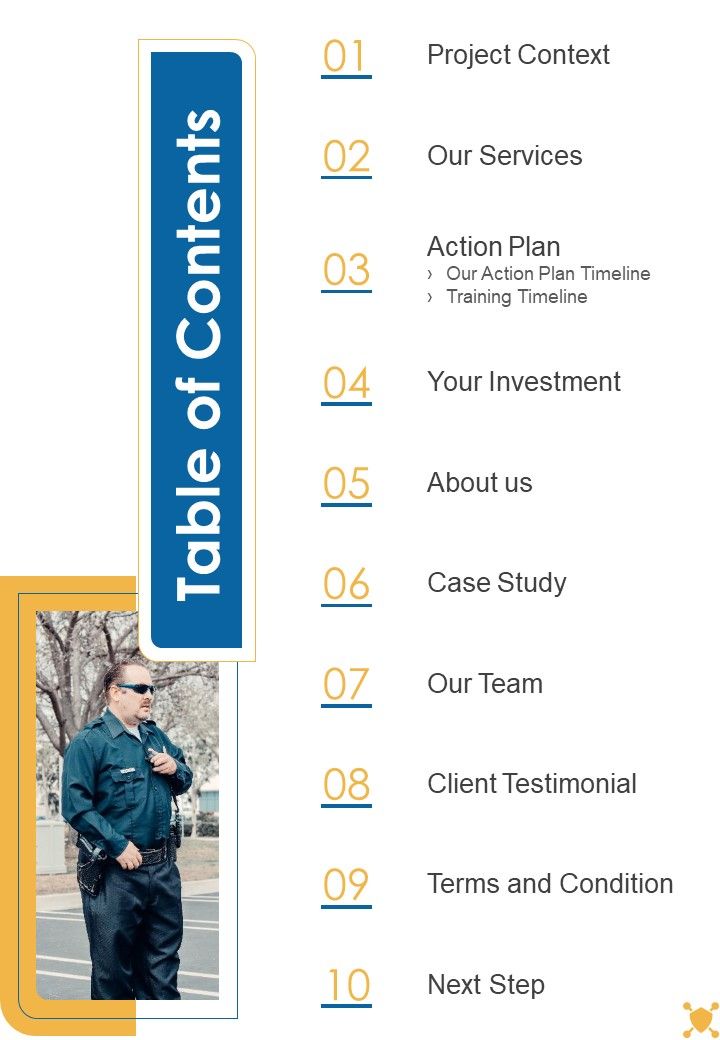 Table Of Contents Safety And Security System Services Proposal One Pager Sample Example Document Slide01