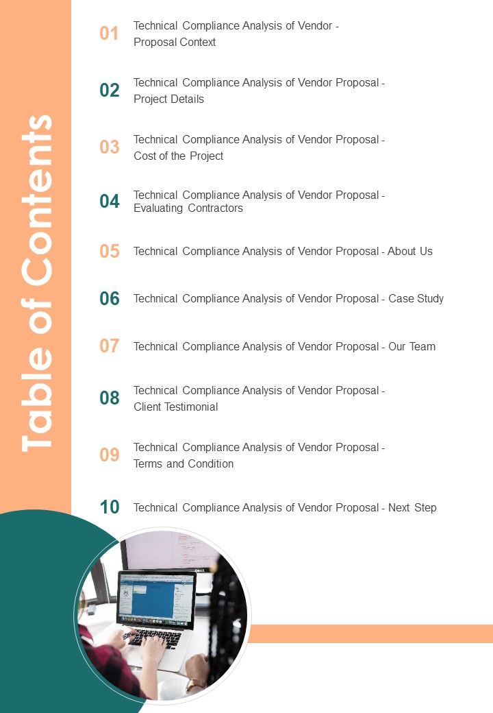 Table Of Contents Technological Compliance Evaluation Of Vendor Proposal One Pager Sample Example Document Slide01