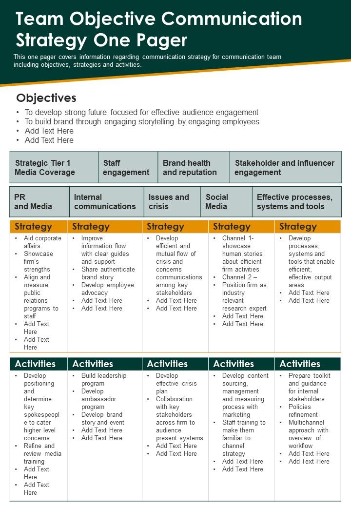 Team Objective Communication Strategy One Pager PDF Document PPT Template Slide01