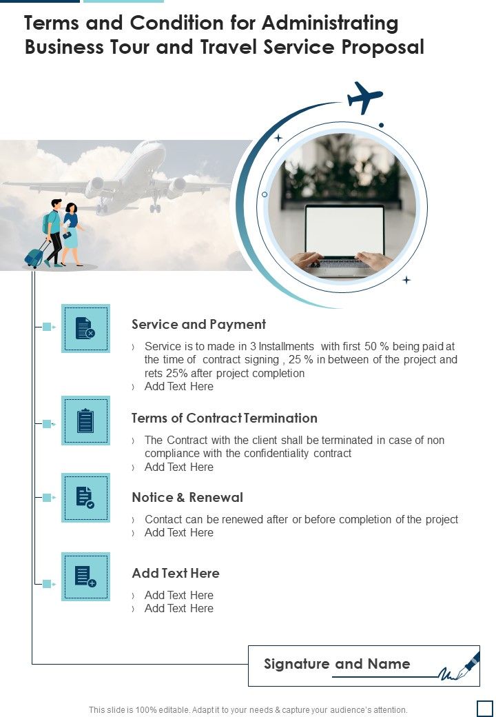 Terms And Condition For Administrating Business Tour And Travel Service Proposal One Pager Sample Example Document Slide01
