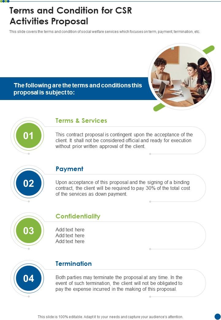 Terms And Condition For CSR Activities Proposal One Pager Sample Example Document Slide01