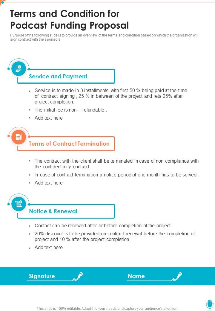 Terms And Condition For Podcast Funding Proposal One Pager Sample Example Document Slide01