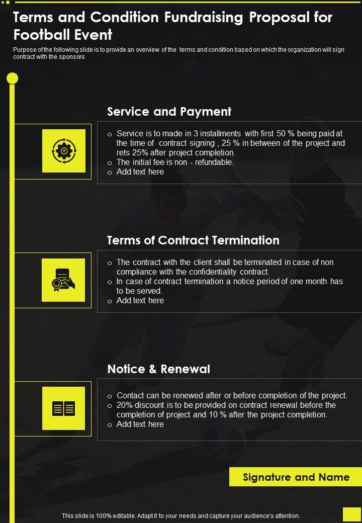 Terms And Condition Fundraising Proposal For Football Event One Pager Sample Example Document Slide01