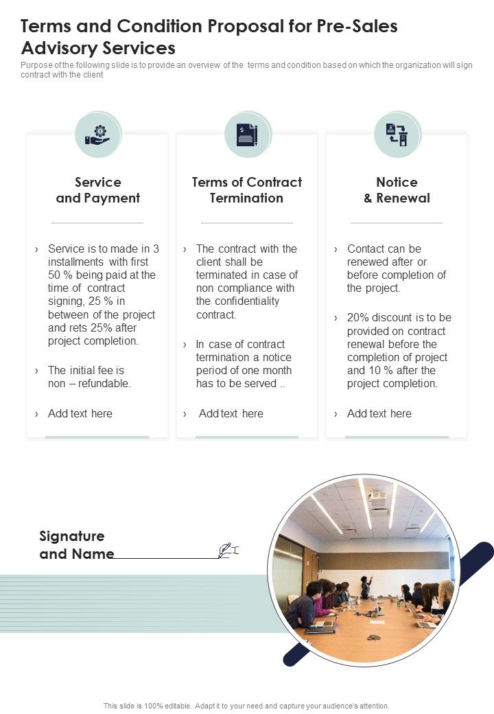 Terms And Condition Proposal For Pre Sales Advisory Services One Pager Sample Example Document Slide01