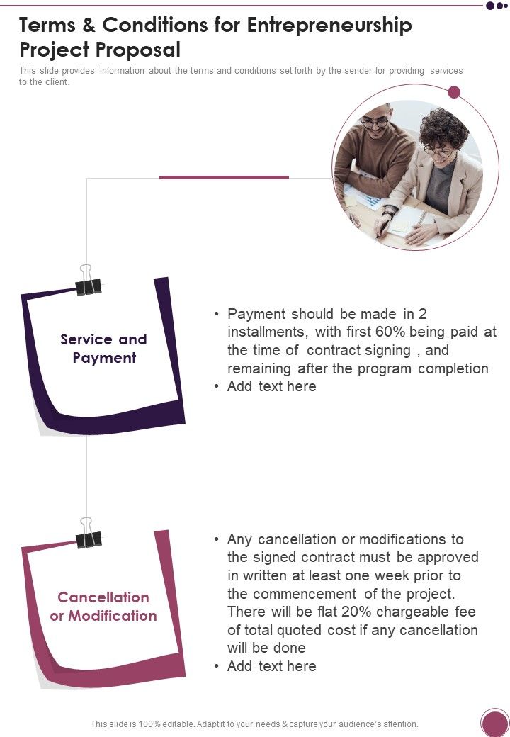 Terms And Conditions For Entrepreneurship Project Proposal One Pager Sample Example Document Slide01