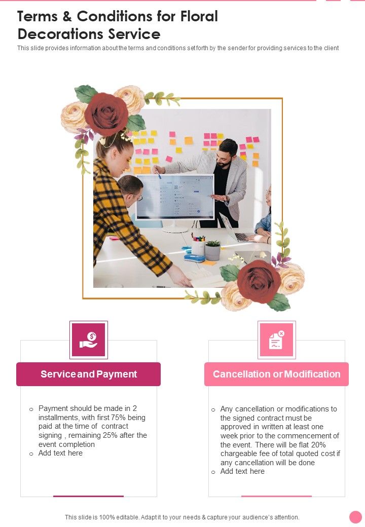 Terms And Conditions For Floral Decorations Service One Pager Sample Example Document Slide01