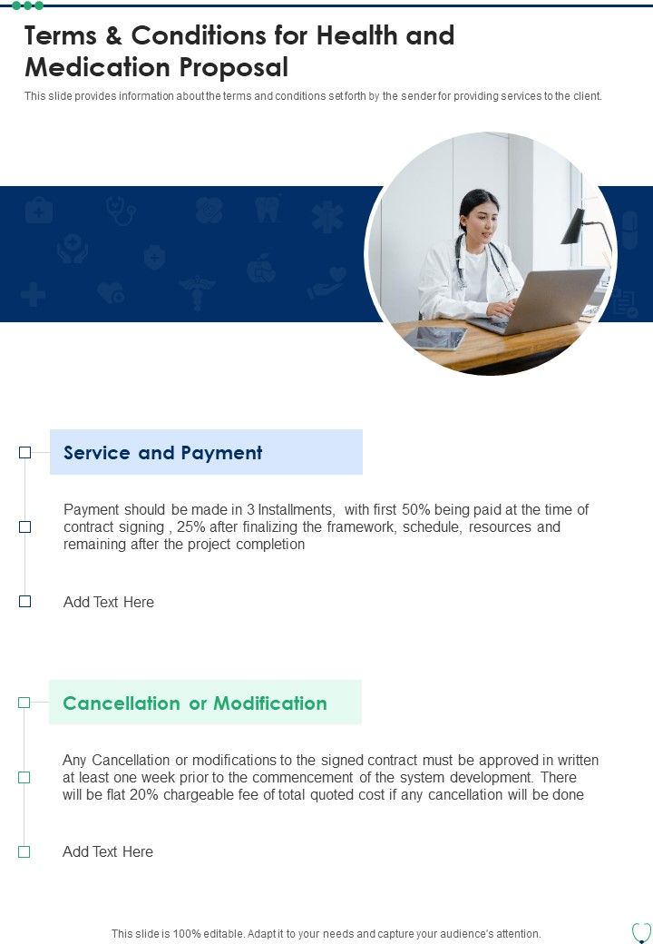 Terms And Conditions For Health And Medication Proposal One Pager Sample Example Document Slide01
