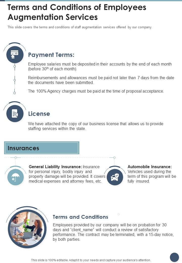 Terms And Conditions Of Employees Augmentation Services One Pager Sample Example Document Slide01