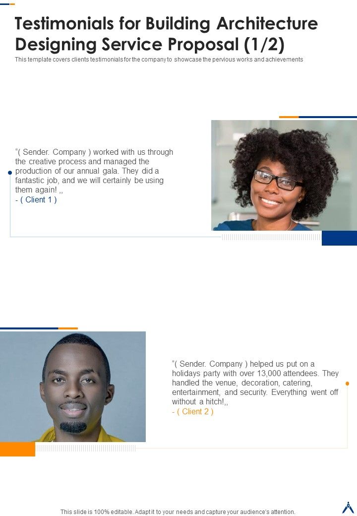 Testimonials For Building Architecture Designing Service Proposal One Pager Sample Example Document Slide01