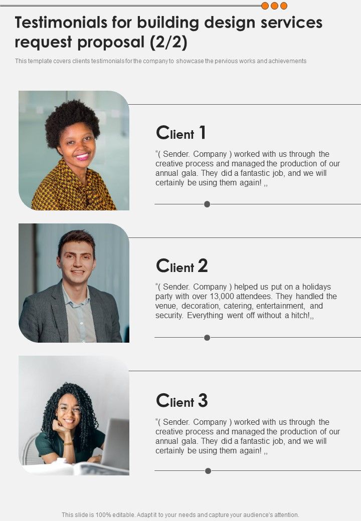 Testimonials For Building Design Services Request Proposal One Pager Sample Example Document
