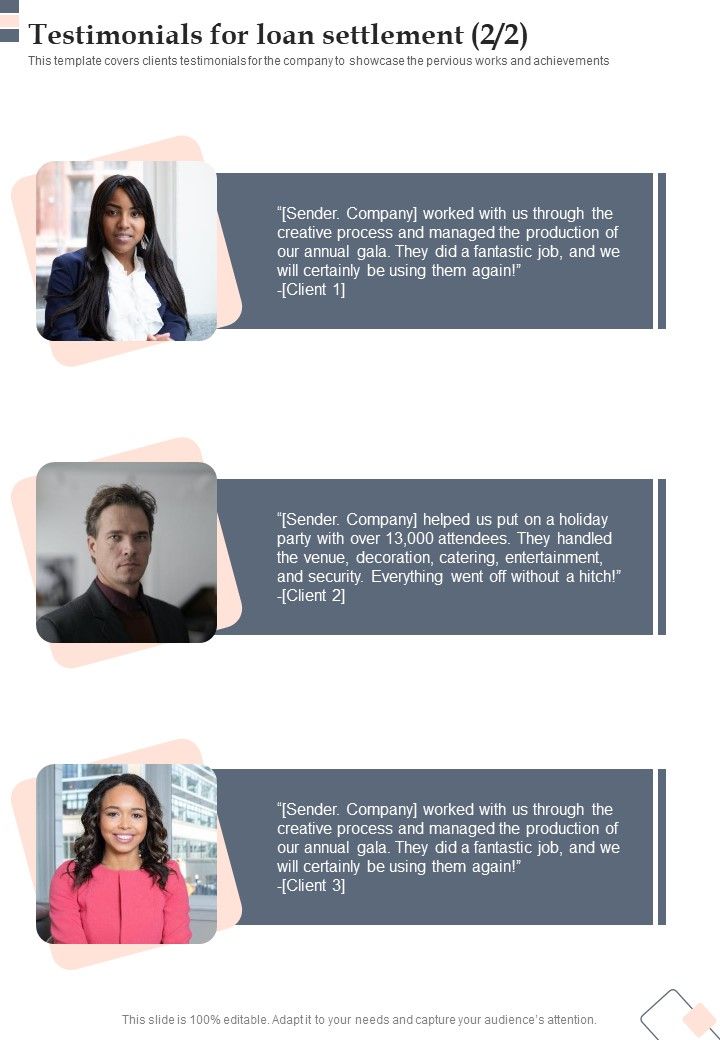 Testimonials For Loan Settlement One Pager Sample Example Document