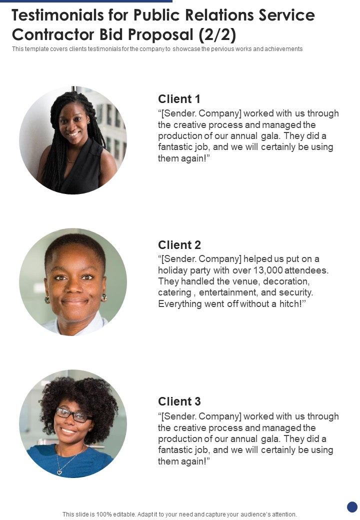 Testimonials For Public Relations Service Contractor Bid Proposal One Pager Sample Example Document