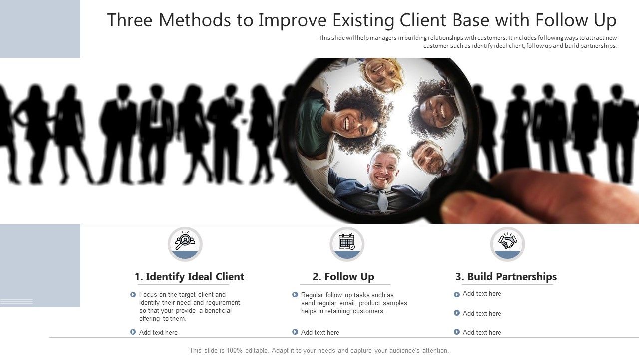 Three_Methods_To_Improve_Existing_Client_Base_With_Follow_Up_Ppt_PowerPoint_Presentation_Show_Background_Designs_PDF_Slide_1.jpg