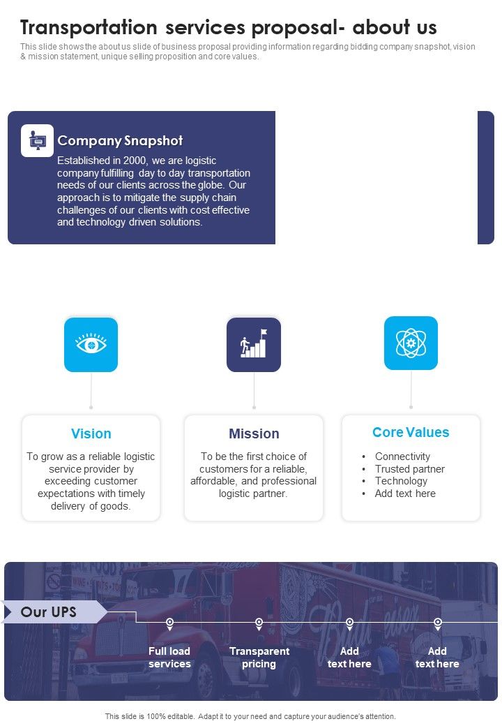 Transportation Services Proposal About Us One Pager Sample Example Document Slide01