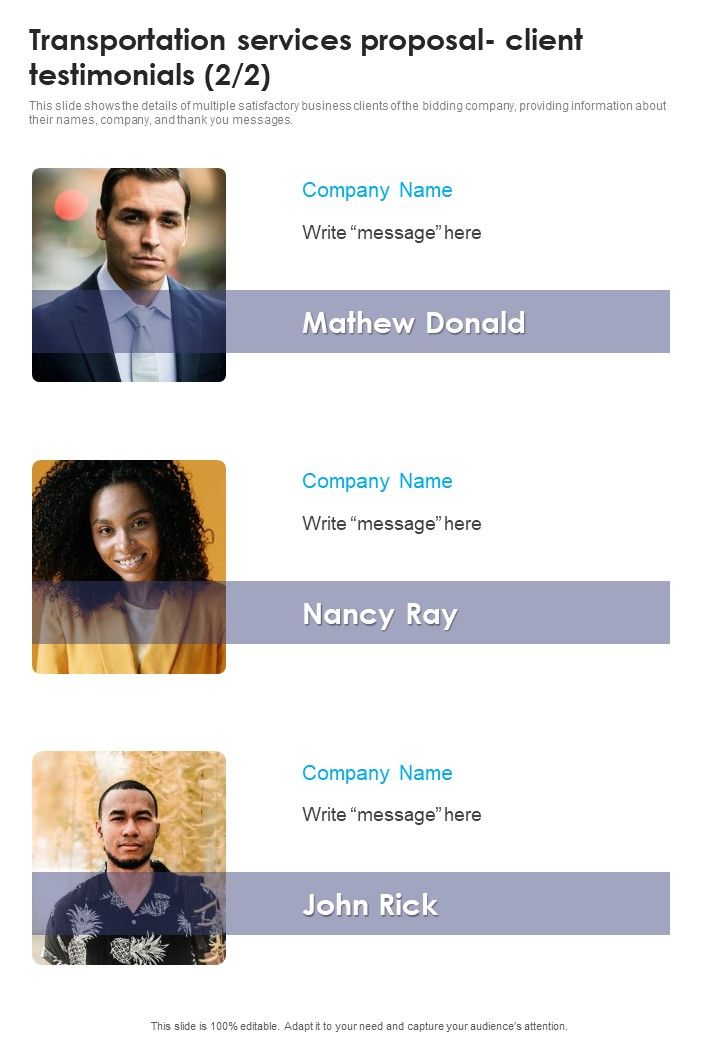 Transportation Services Proposal Client Testimonials One Pager Sample Example Document
