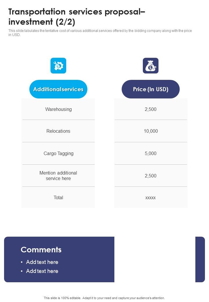 Transportation Services Proposal Investment One Pager Sample Example Document