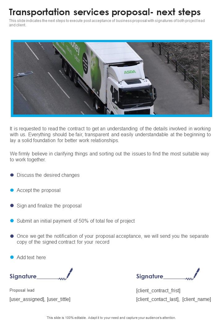 Transportation Services Proposal Next Steps One Pager Sample Example Document Slide01